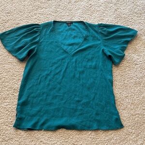 Ann Taylor Teal V-Neck Blouse with Puff Sleeves